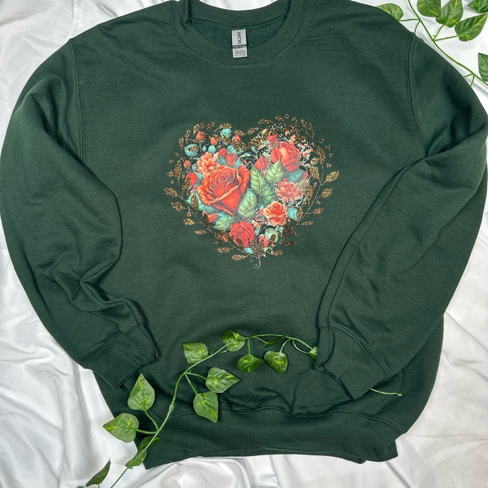 Green Sweatshirt with Floral Heart Design Mother day, Women day
